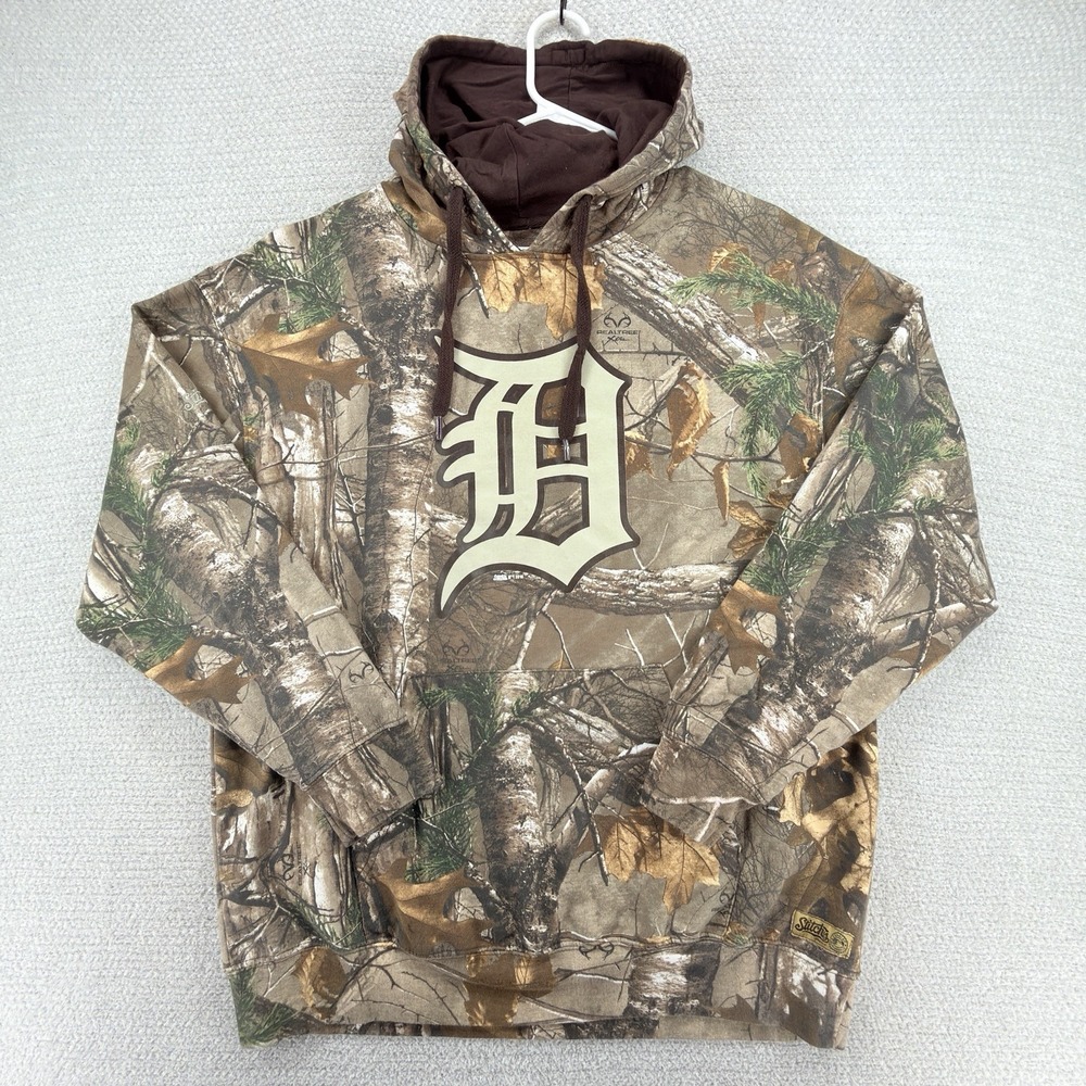 Detroit Tigers Hoodie Mens L Stitches Realtree Xtra Camo MLB Hunting Pullover
